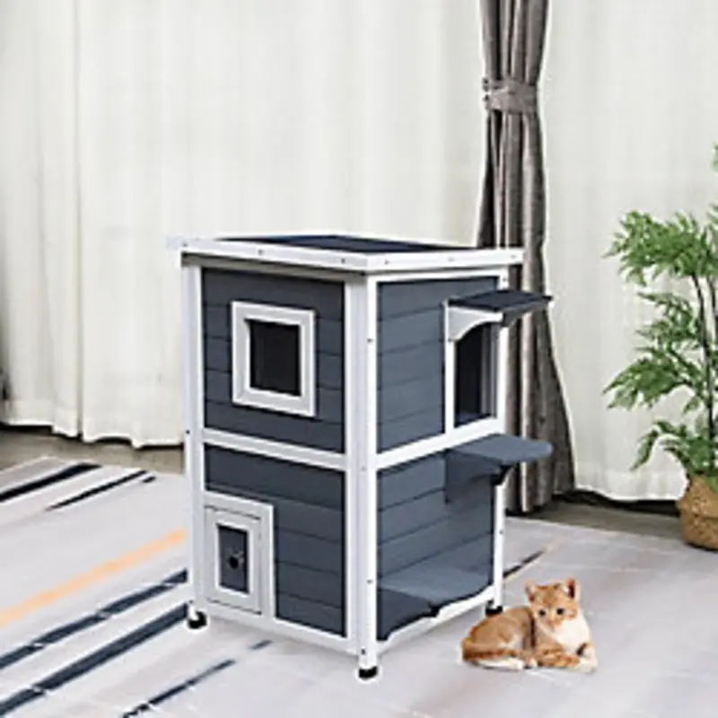 Pawhut Wooden Cat House 2-Floor With Window Grey