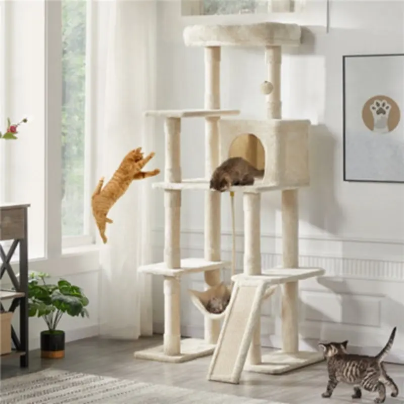 Yaheetech Large Cat Tower With Hammock And Scratching Posts Beige