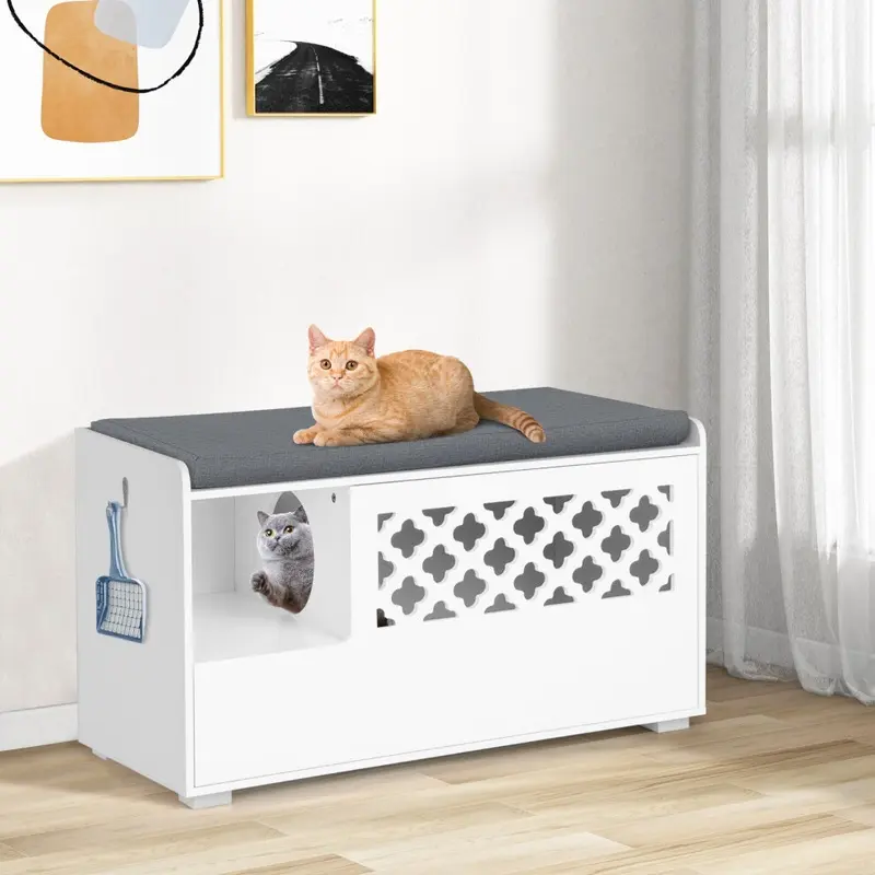 Costway Cat Litter Box Kitty Washroom Inside Cat Hole W/ Front Flip Open& Cushion