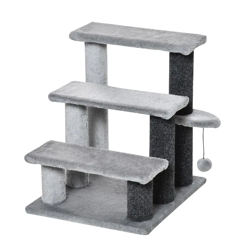 PawHut 3-step Pet Stairs with Scratching Posts, Platforms, Toy Ball, Grey   Aosom UK