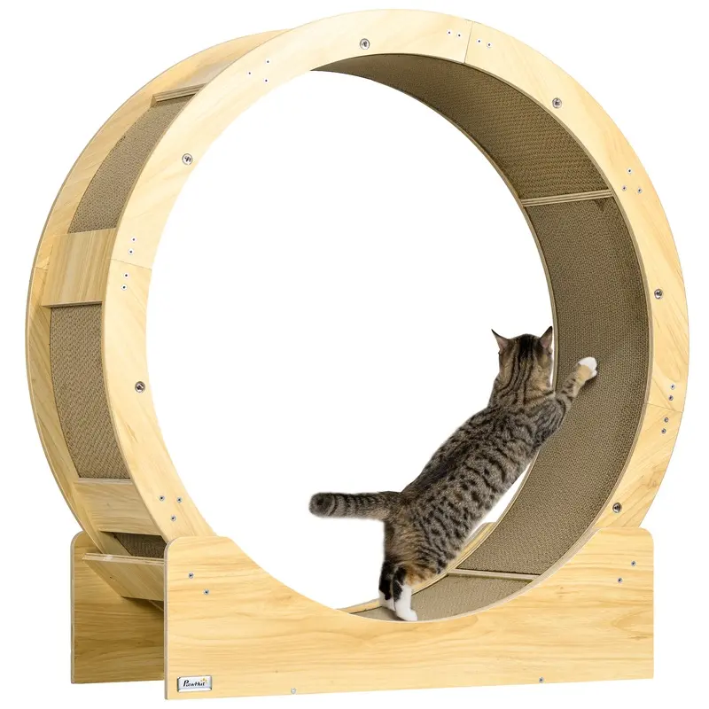 PawHut Cat Wheel with Brake, Scratching Pads, Oak   Aosom UK
