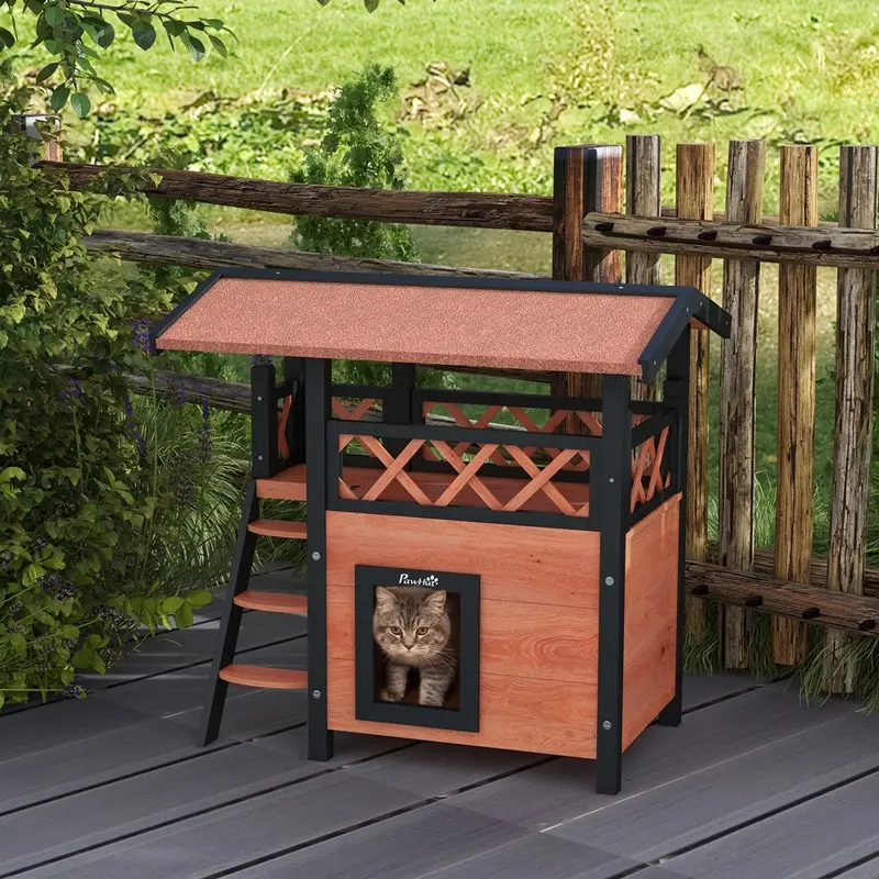 Pawhut Outdoor Cat House W/ Balcony Stairs Roof Brown