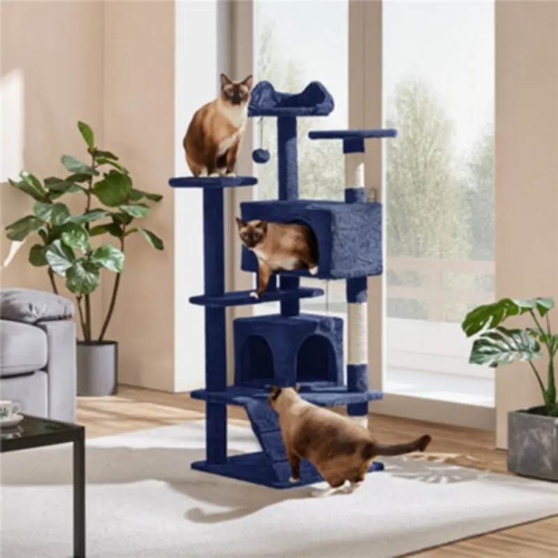 Yaheetech Blue Navy Cat Tree Tower With Condos & Dangling Balls & Scratching Posts 137Cm