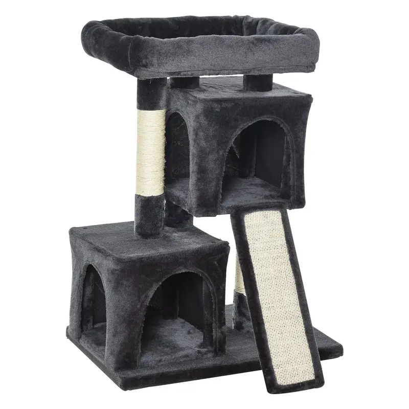 PawHut Cat Rest & Play Activity Tree w/ 2 House Perch Scratching Post Black  | TJ Hughes