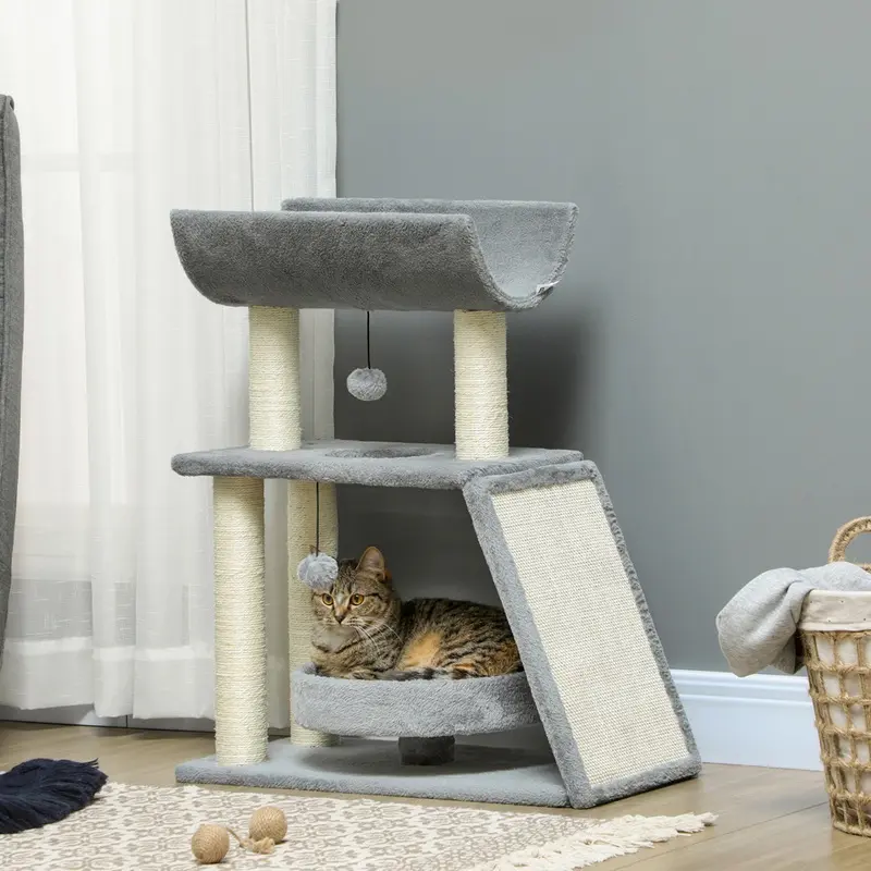 Pawhut Cat Tree Tower With Scratching Post Pad Light/Grey