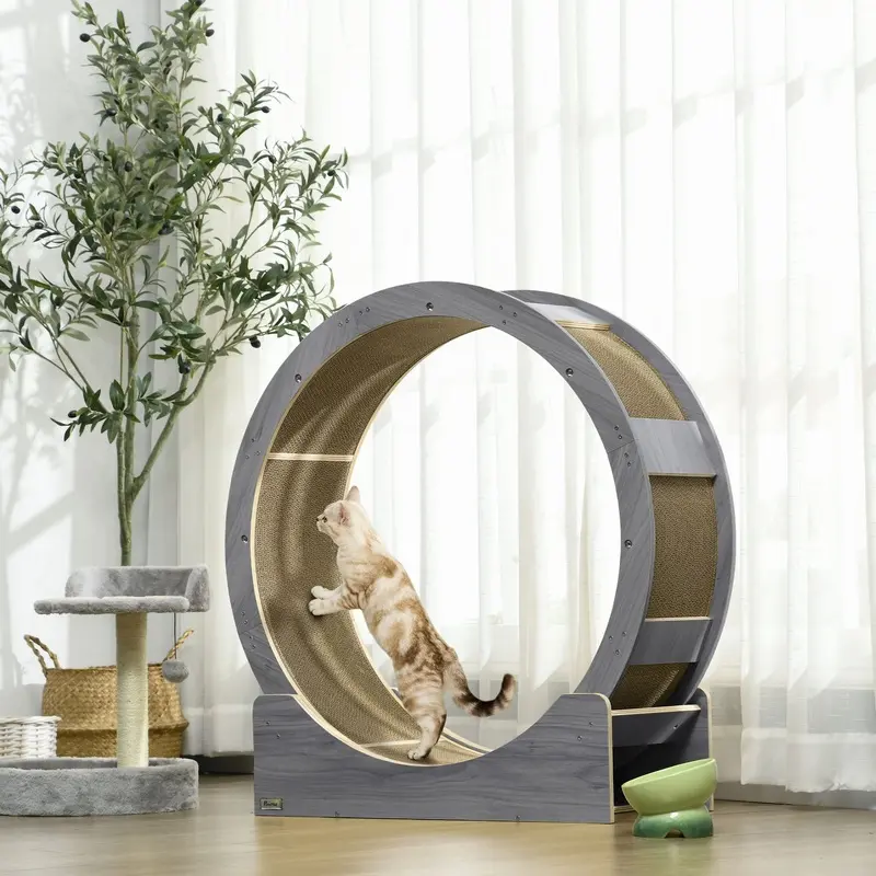 Pawhut Unisex Grey Cat Wheel With Brake, Scratching Pads
