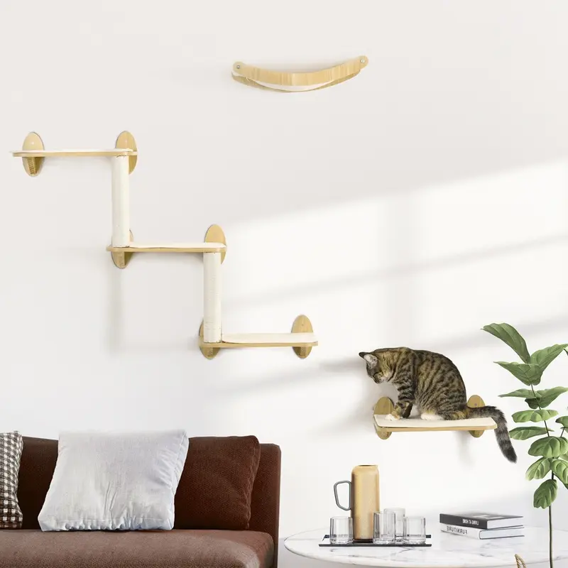 Pawhut Wall Mounted Cat Shelf Set Scratching Post Oak 3Pcs