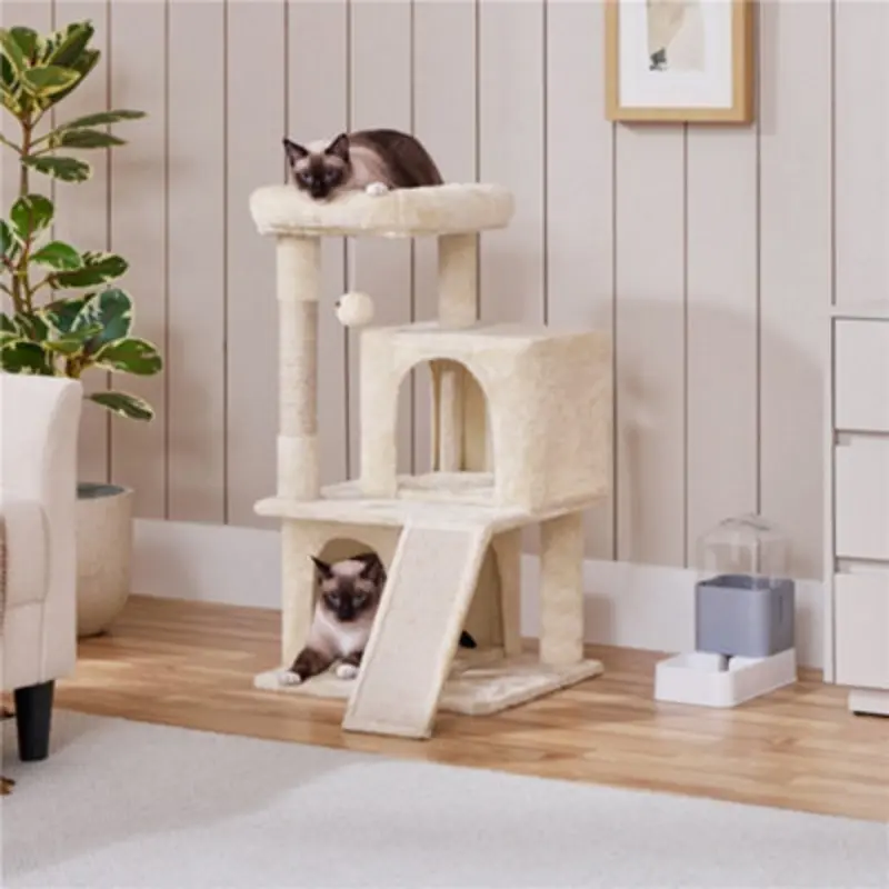 Yaheetech Beige Multilevel Cat Tree Tower With Double Condos & Perch 92Cm