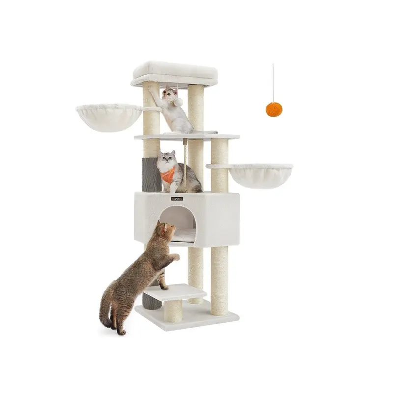 Heavy-Duty Cat Tower with 9 Scratching Posts, Cream White and Beige