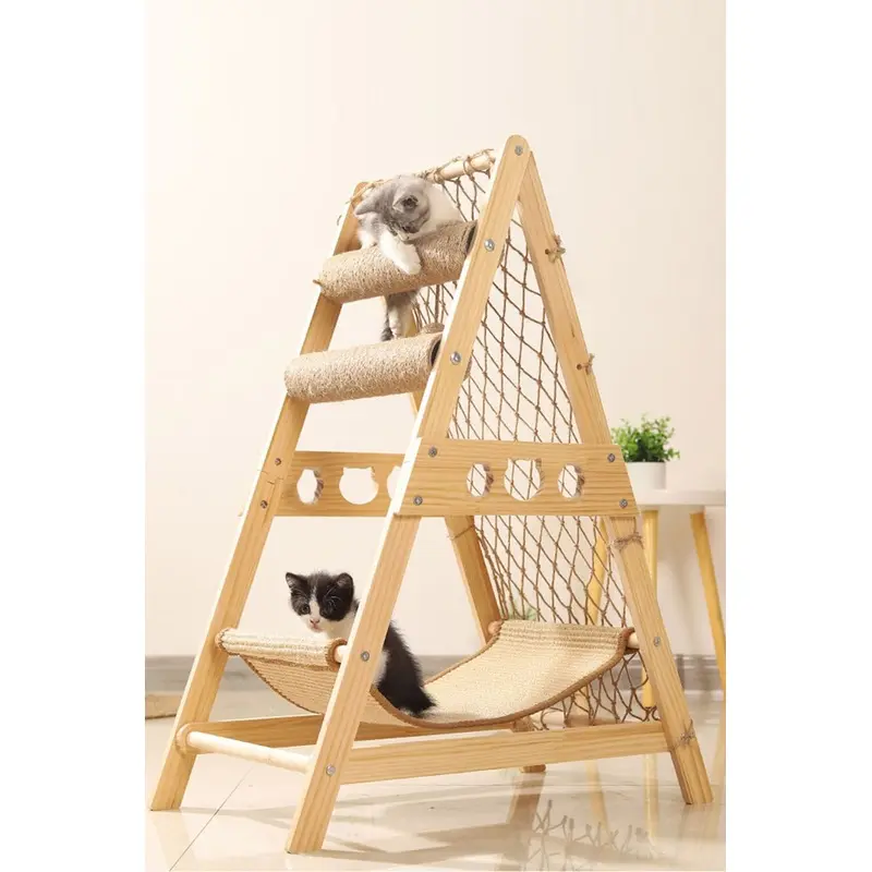 Living And Home Unisex Beige Wooden Cat Climbing Tower With Hammock Scratching Post