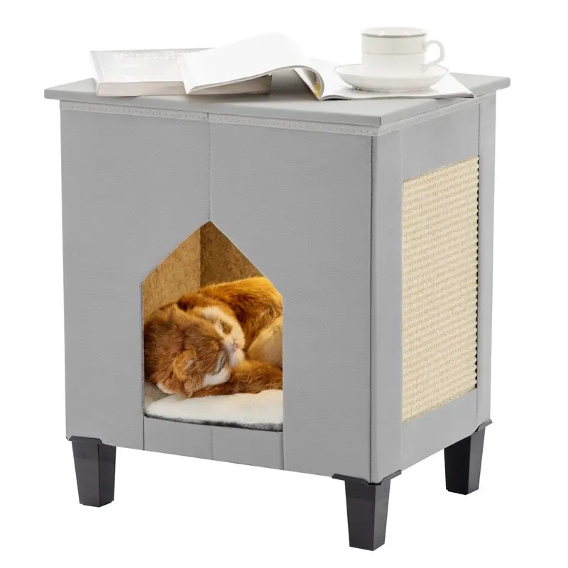 Nuromy Grey Cat Condo & Hideaway - Scratch Pad Leather Cat Bed & Side Table Large