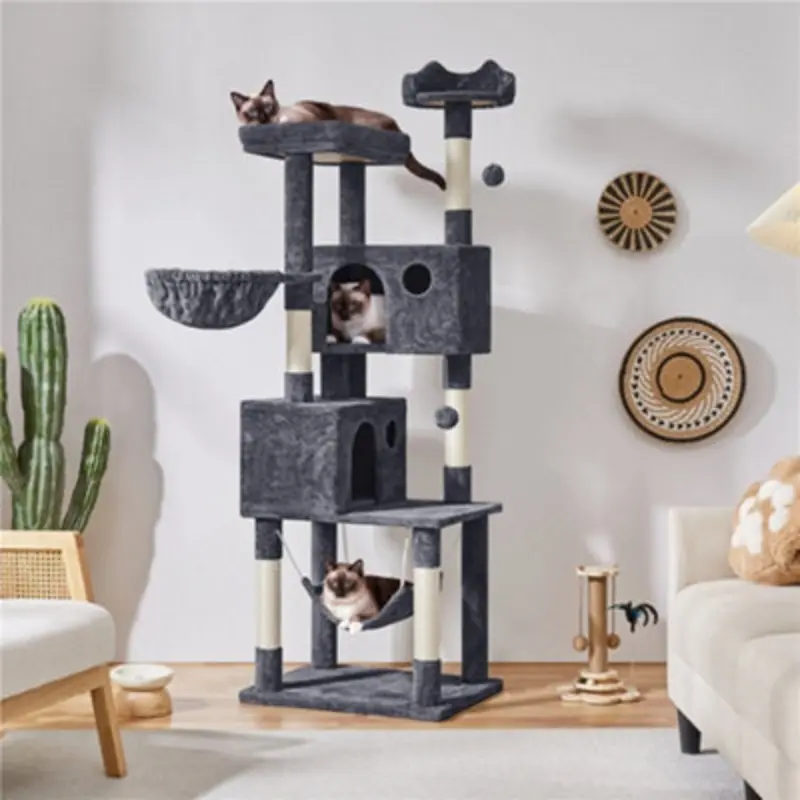 Yaheetech Dark/Grey 185 Cm Tall Cat Tree With 2 Condos And Dangling Balls Large