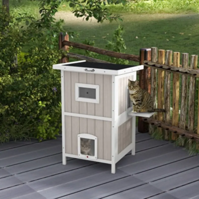 Pawhut Outdoor Wooden Cat House W/ Removable Bottom, Escape Doors, For 1-2 Cats
