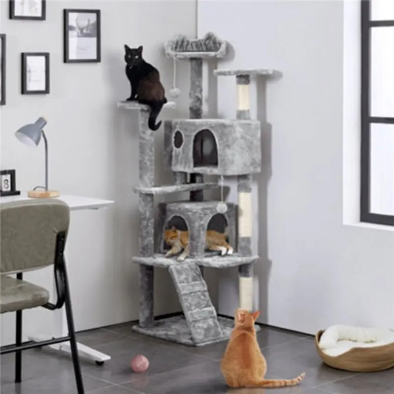 Yaheetech 158Cm Multilevel Cat Tree Plush Cat Tower Medium Light/Grey