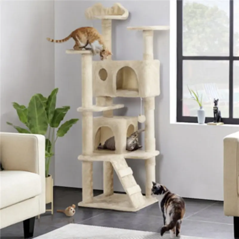 Yaheetech Beige 158Cm Multilevel Cat Tree Plush Cat Tower Medium