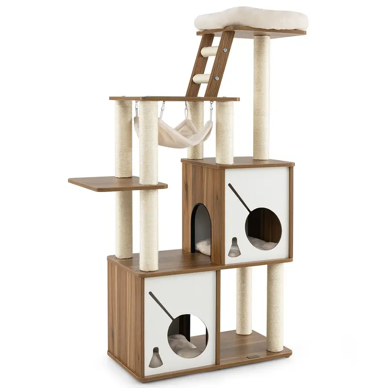 Costway Natural 145Cm Cat Tree Tower Multi-Level With Scratching Posts And 2 Condos