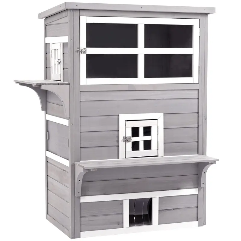 PawHut 3-Tier Wooden Kitten Shelter for Indoor, Outdoor - Grey