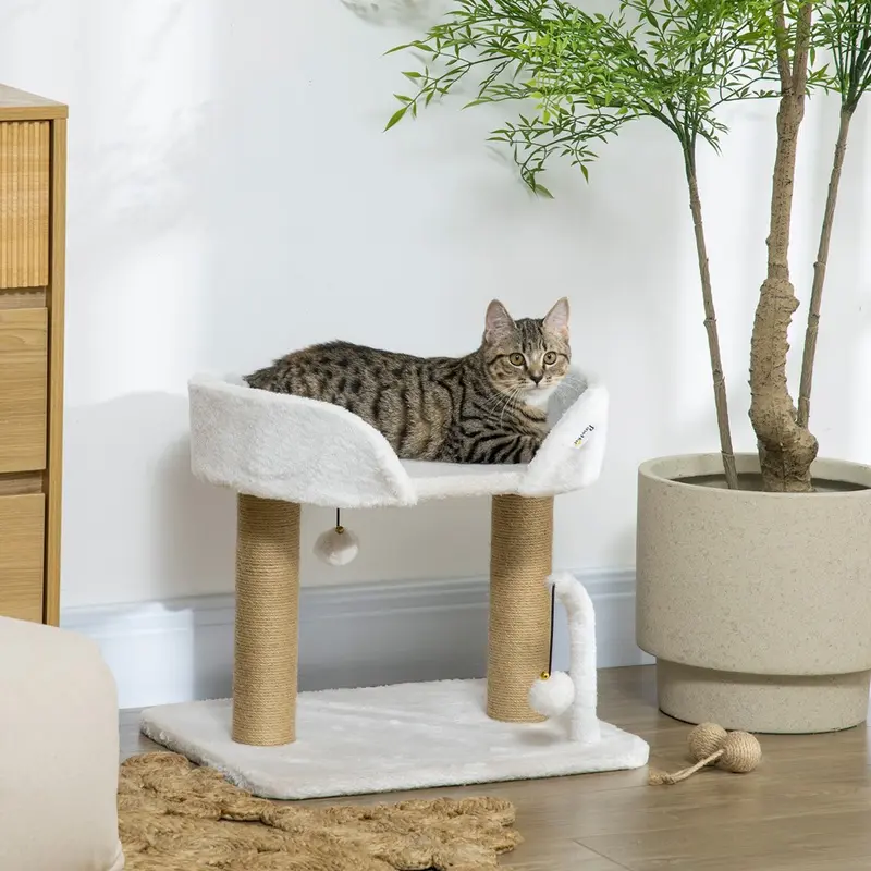 Pawhut Indoor Cat Tree W/ Toy Balls Jute Scratching Post 42Cm White