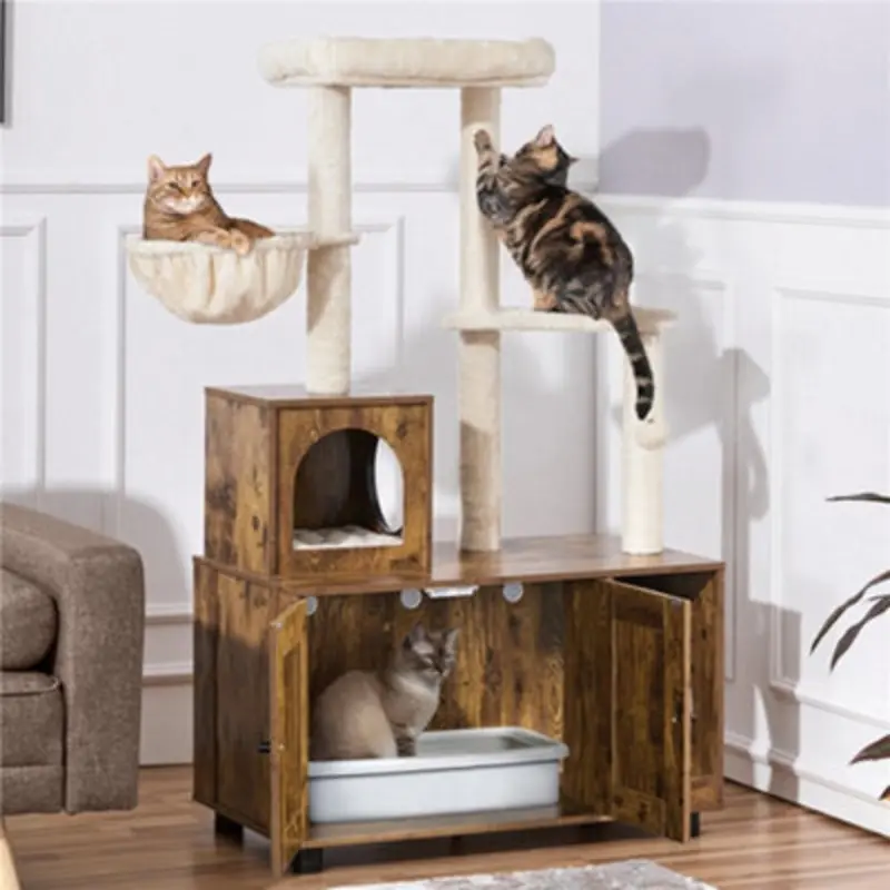 Yaheetech 2-In-1 Large Cat Tree Furniture With Table Rustic Brown