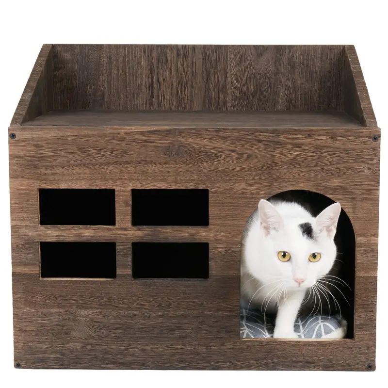 New Bingopaw Wooden Indoor Cat House Pet Shelter Room Box Enclosed Furniture Brown