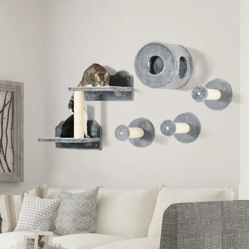 Pawhut 5Pcs Cat Wall Furniture With Perch Cat Condo Scratching Post - Grey