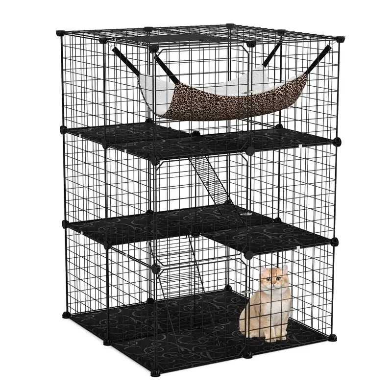 Costway Black 3-Tier Cat Enclosure Large Cat Cage With Comfy Hammock