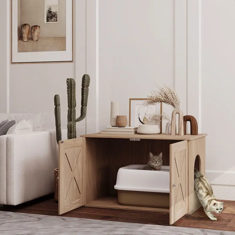 Pawhut Cat Litter Box Enclosure With Doors And Hole Walnut Brown