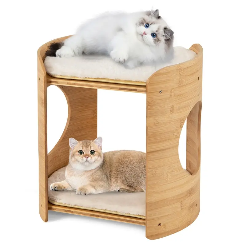 Costway Natural & White 2-Tier Elevated Cat Bed Cat Tower With Natural Bamboo Frame