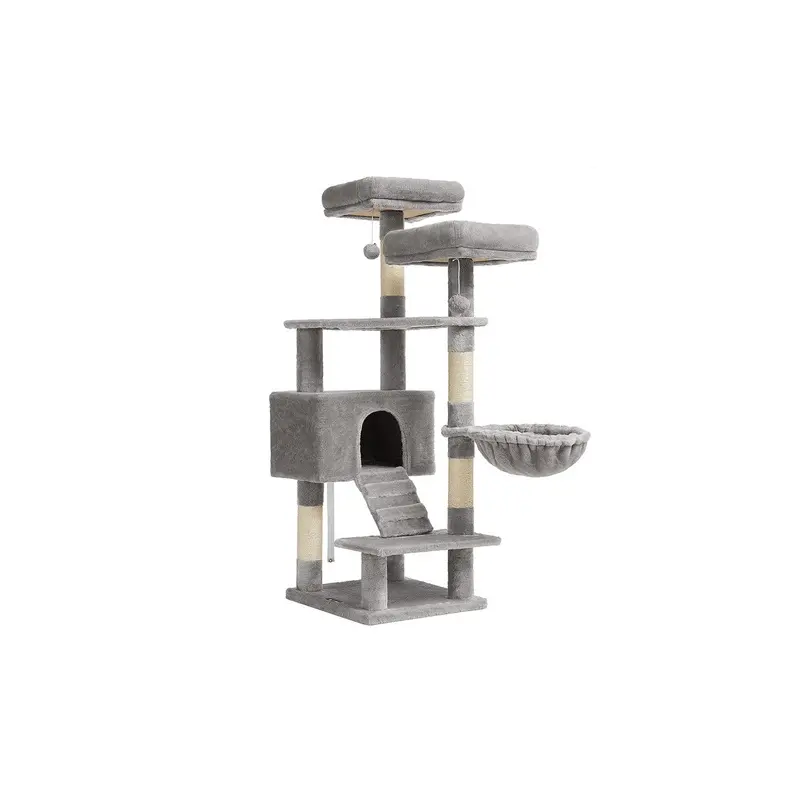 Large Grey Cat Tree Tower with Hammock & Pompoms, Light Gray