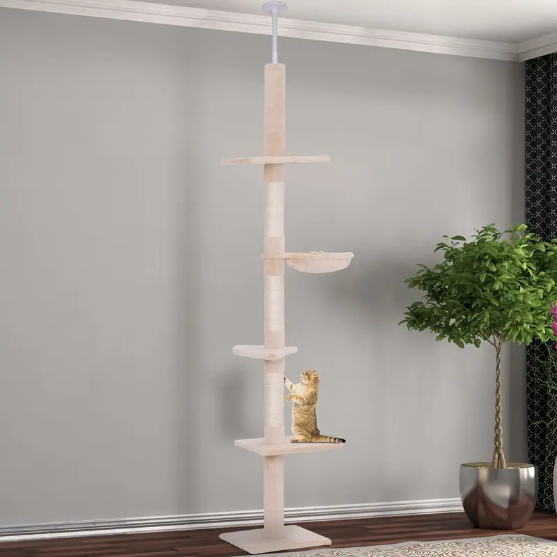 Pawhut 5 Tier Floor To Ceiling Cat Tree Tower Beige