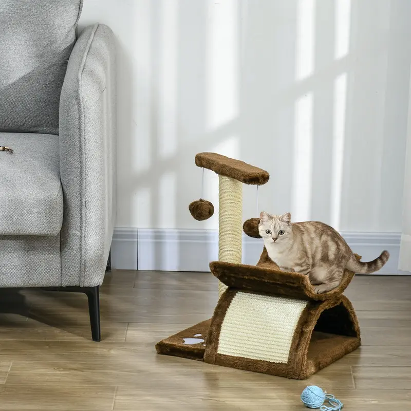 Pawhut Cat Tree Plush Scratcher Play Centre Tunnel Dangling Ball Brown