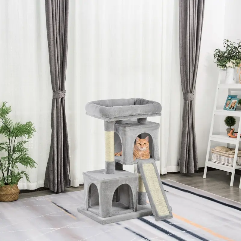 Pawhut Cat Tree With 2 House Perch Scratching Post Grey