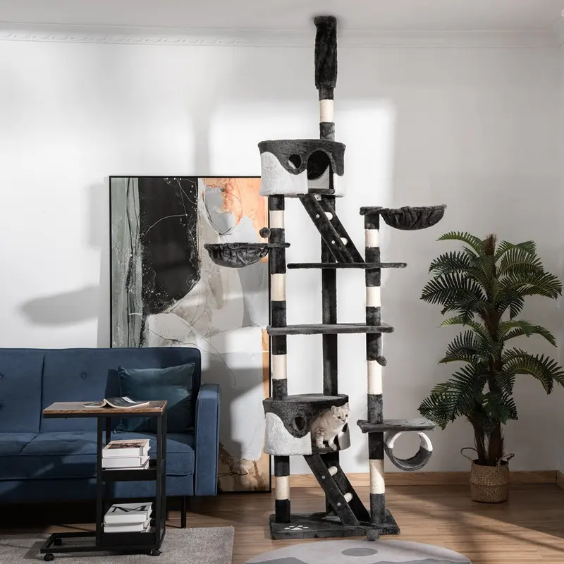 Pawhut Floor To Ceiling Cat Tree With Scratching Posts Black