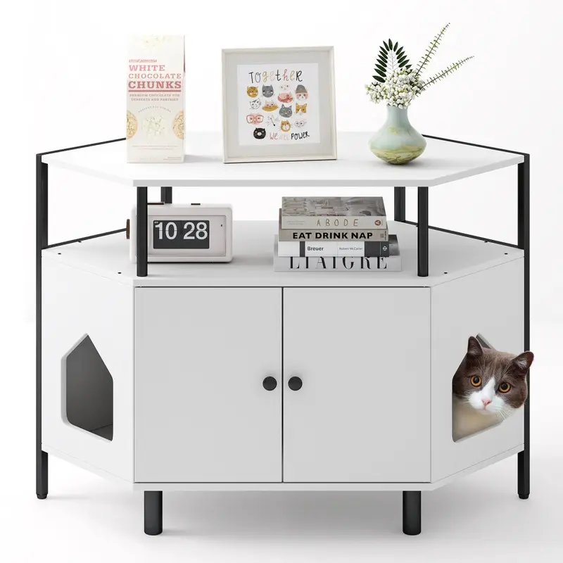 New Costway Corner Cat Litter Box Enclosure Cat House Cabinet With Open Shelf