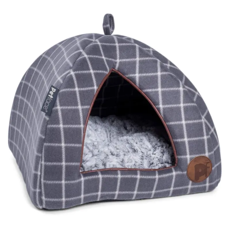 Petface Window Pane Check Igloo Bed, Grey
