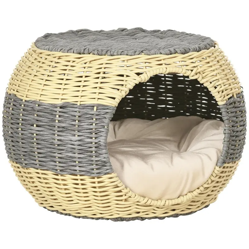 PawHut Wicker Cat House, Rattan Raised Cat Bed w/Soft Cushion, 40 x 30cm