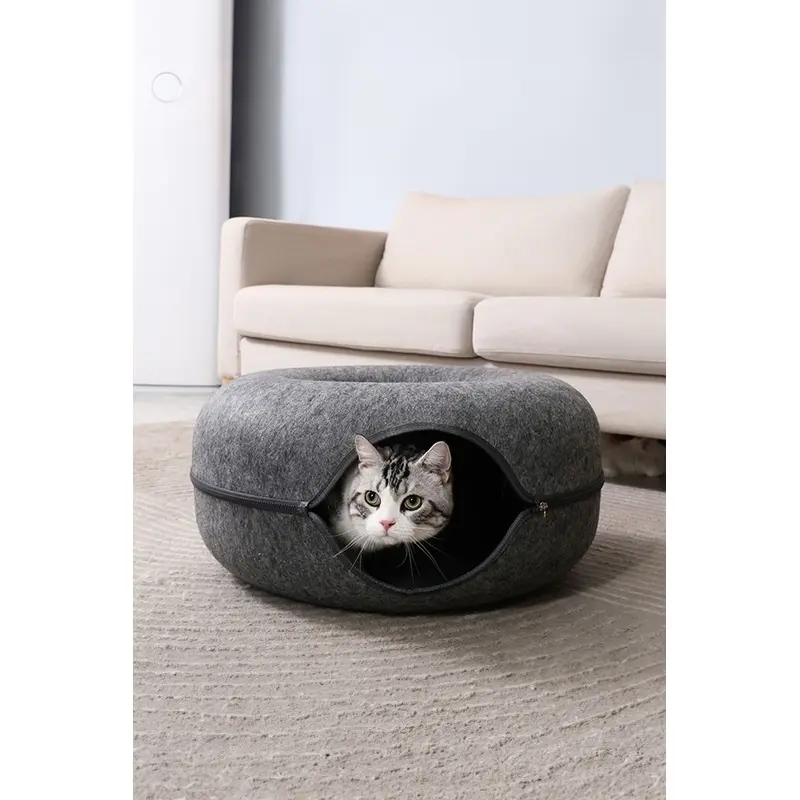 Living And Home Unisex Grey Dark Gray Round Felt Cat Tunnel Bed