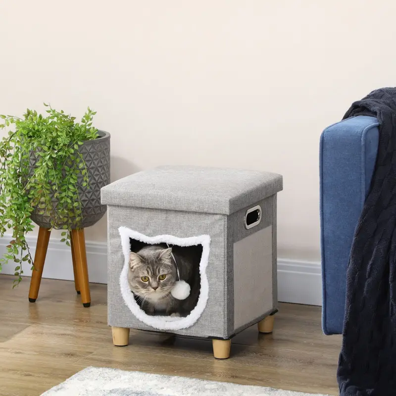 Pawhut 2 In 1 Cat Bed Ottoman W/ Removable Cushion Handles Scratching Pad