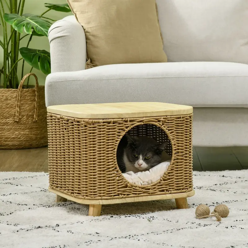 Pawhut Elevated Design Wicker Cat House With Washable Cushion Light/Brown