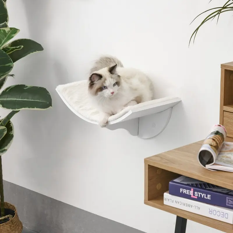 Pawhut Wall Mounted Wooden Cat Perch Bed With Berber Fleece White