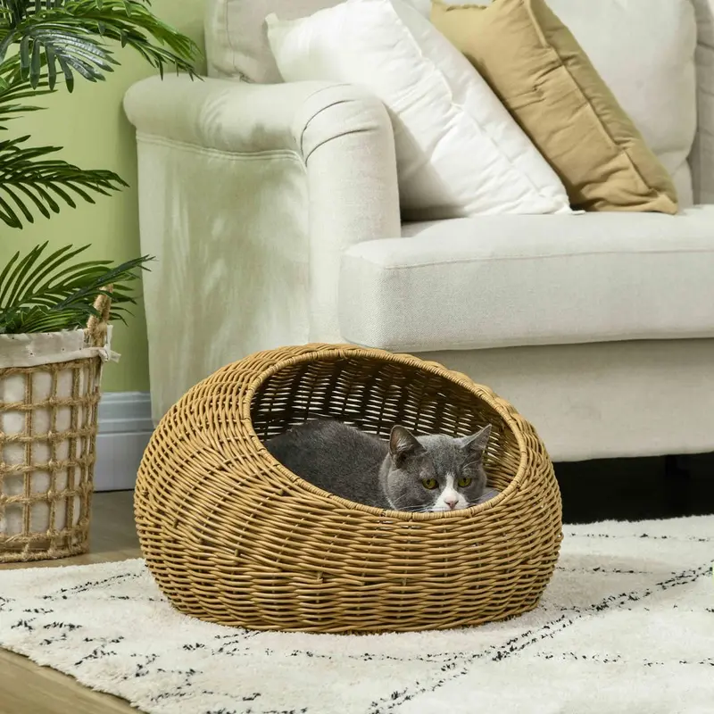 Pawhut Wicker Cat House With Washable Cushion For Indoor Cats Light/Brown