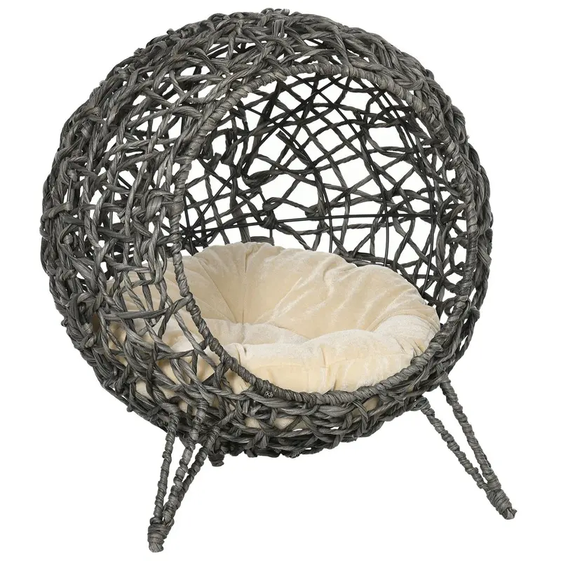 PawHut Rattan Elevated Cat House Kitten Bed Pet Furniture w/ Cushion Grey  | TJ Hughes
