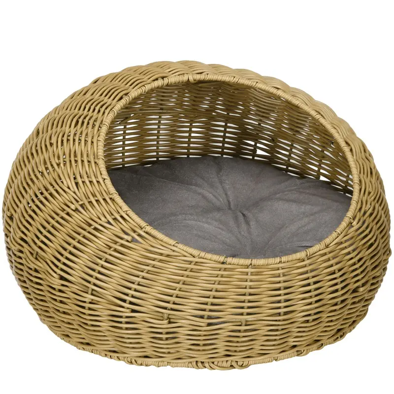 PawHut Wicker Cat House with Washable Cushion for Indoor Cats, Light Brown   Aosom UK