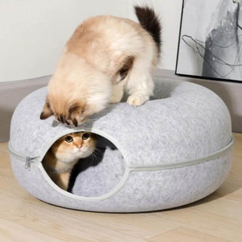 Darphe Round Felt Cat Tunnel Bed, Cave Bed For Small Pet, 60Cm Dia Grey