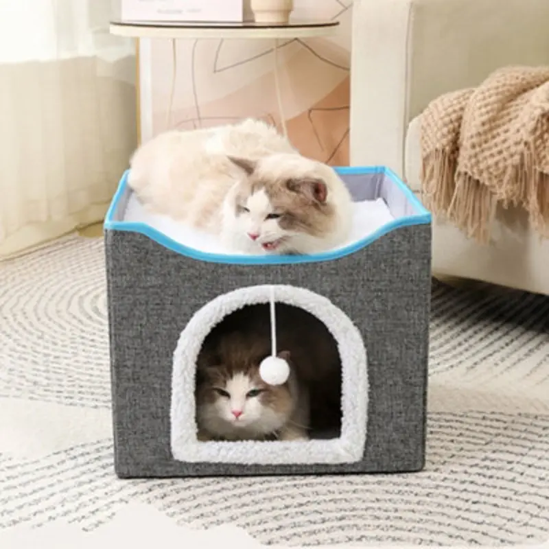Living And Home Grey Foldable Cat Cave Kitten Igloo Pet Bed With Scratching Pad