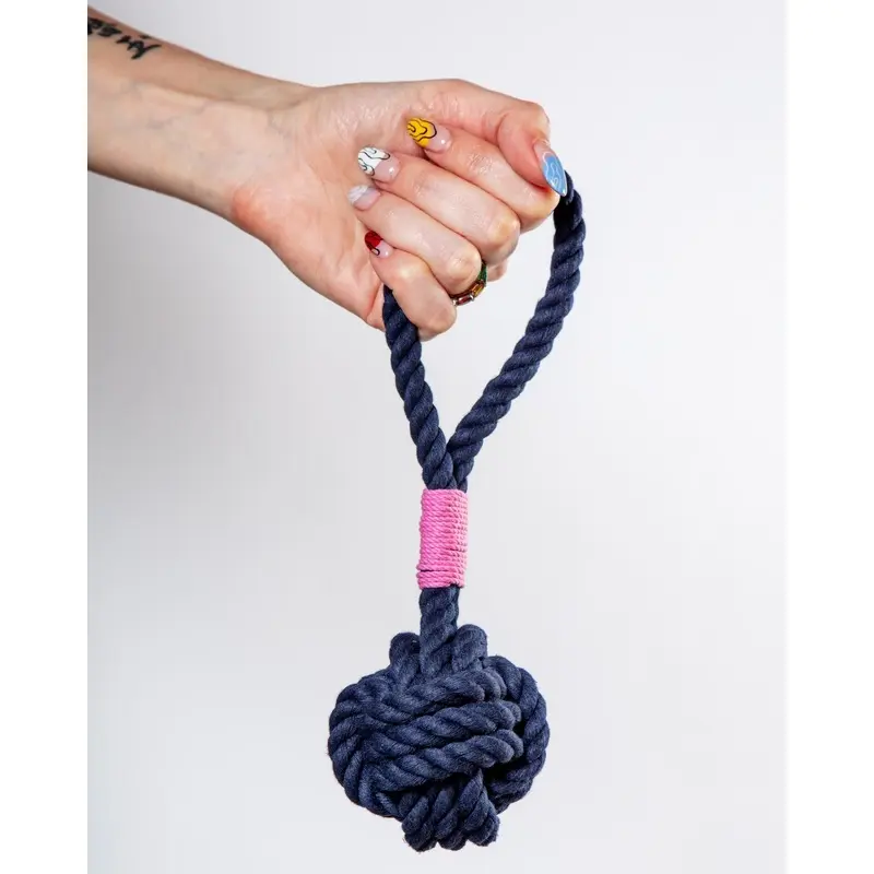 Monkey Fist Rope Dog Toy in Navy with Pink Whipping (Made in the USA)