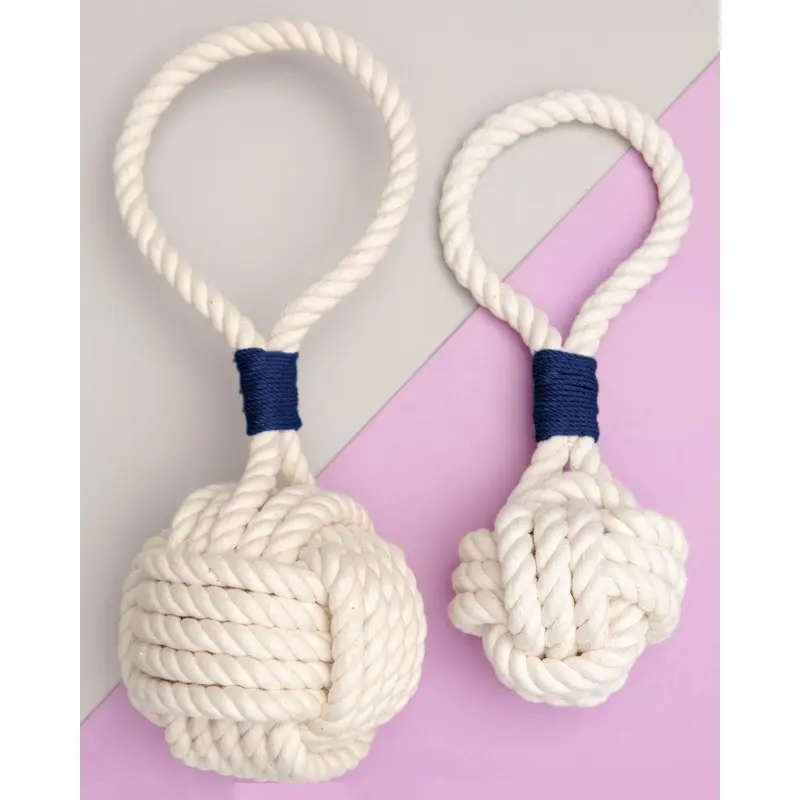 Monkey Fist Rope Dog Toy in White with Navy Whipping (Made in the USA)