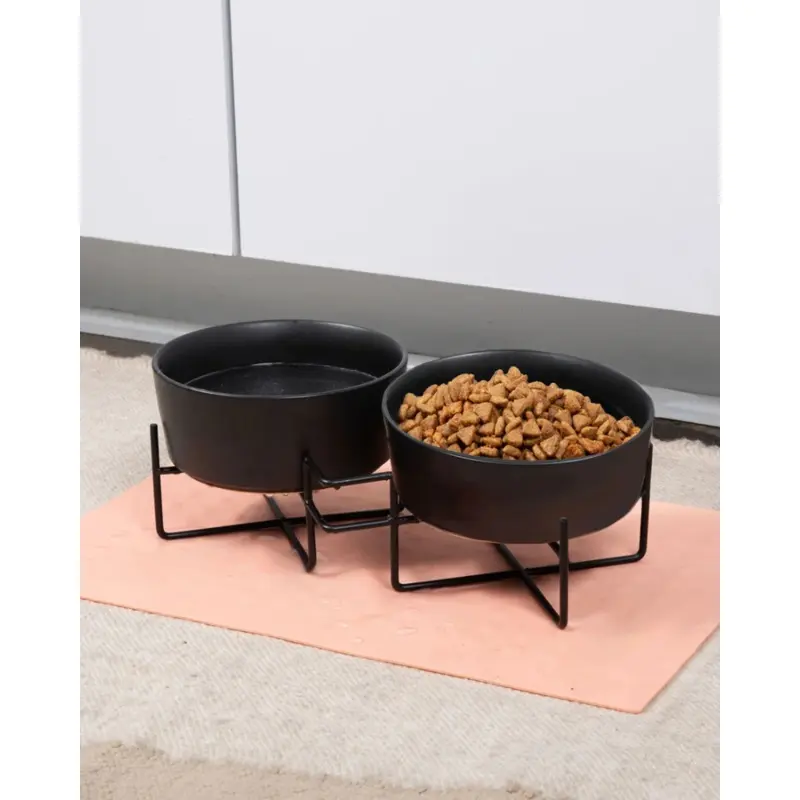 Simple Solid Double Feeder Bowl + Bowl Stand in Black