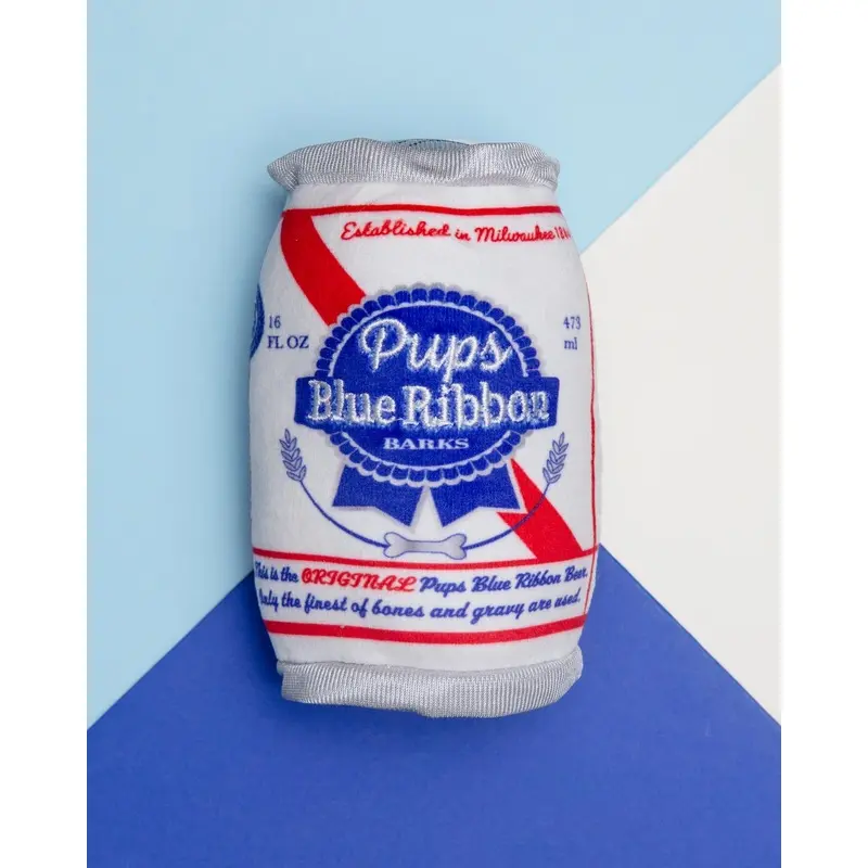 Pups Blue Ribbon Beer Can Squeaky Plush Dog Toy