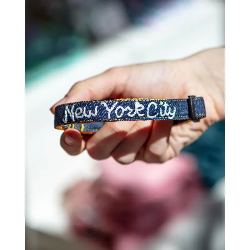Hand Embroidered New York City Dog Collar in Dark Denim (Made in the USA)